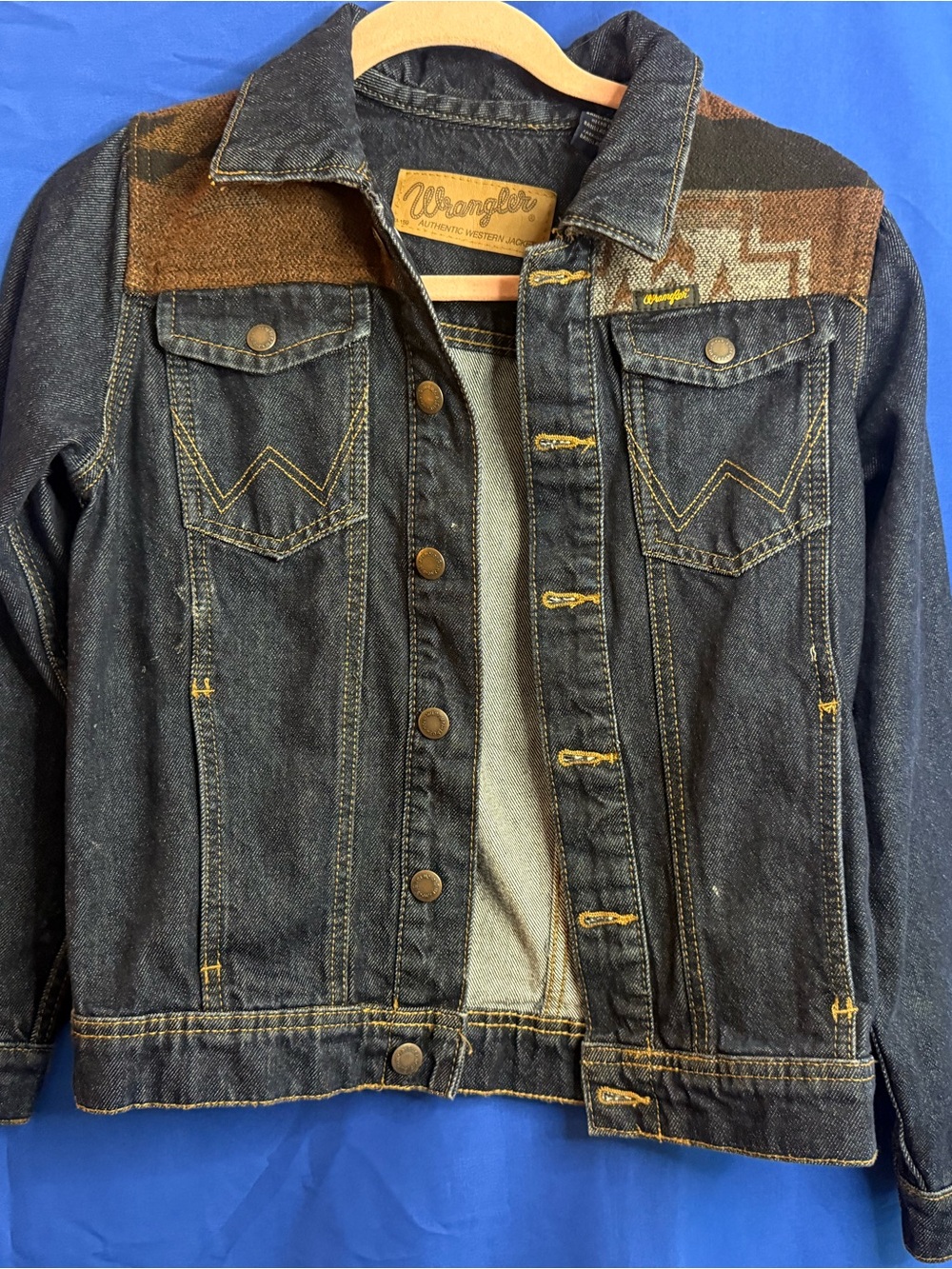 Wrangler kid’s Dark Denim Jacket with Brown Aztec Yoke